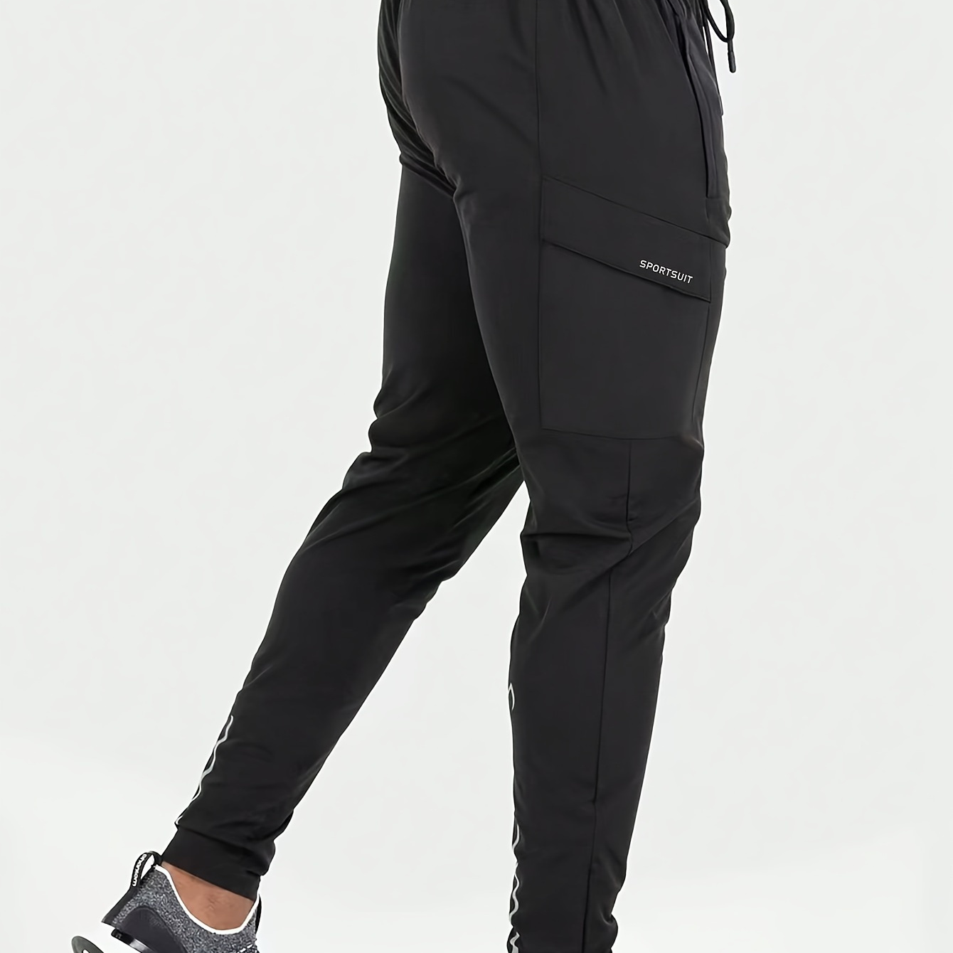 

Men's Solid Color And Letter Print Sports Pants With Drawstring And Pockets, Casual And Chic Trousers For And Outdoors Activities