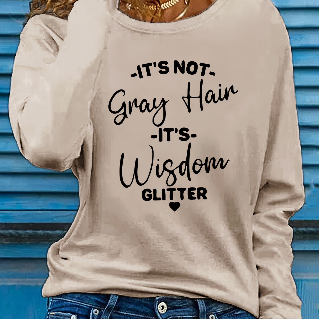 

1pc Women's Casual Long Sleeve Crew Neck T-shirt With " Not Gray Hair, Wisdom Glitter" - Polyester Knit Fabric, Regular Fit Pullover For Fall/winter