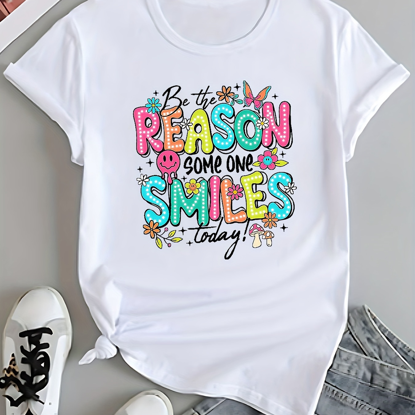 

Women's Casual Short Sleeve T-shirt With Colorful "be The Reason Someone Smiles Today" Print, Crew Neck, Spring/summer Fashion Top