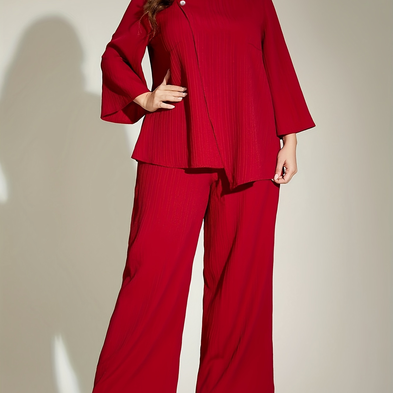 

Size Women' Suit Set - Chic Red Ribbed 3/4 Sleeve Round Neck Top & Wide-leg Pants, Polyester, Machine Washable