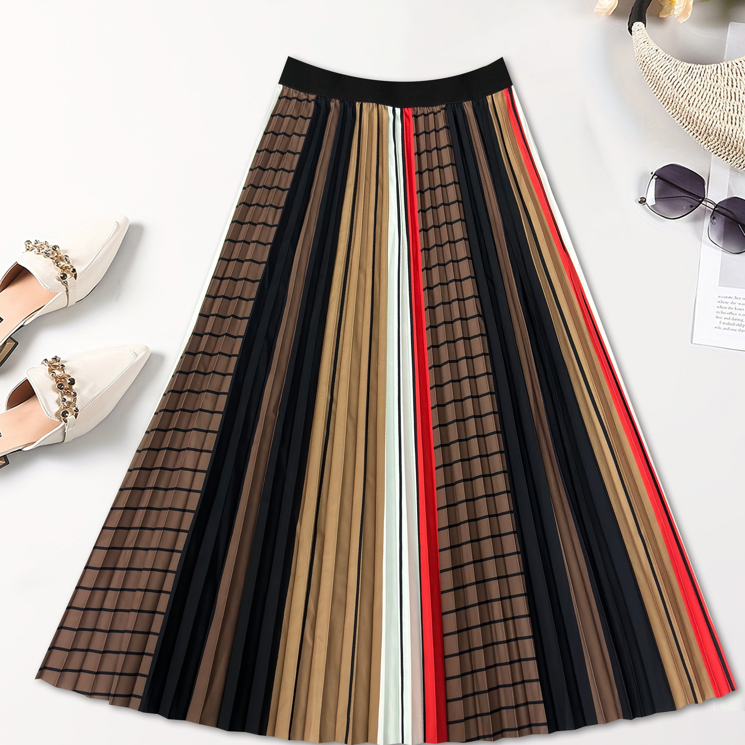 

Color Block Striped Pleated Dance Skirt, Casual Style, Perfect For Home & Streetwear Women's Activewear