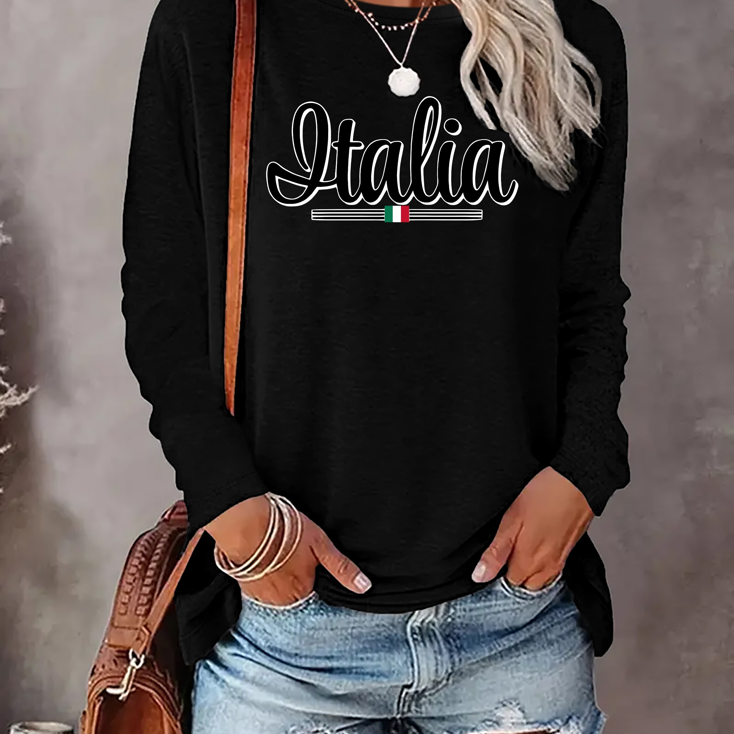 

Italia Print T-shirt, Long Sleeve Crew Neck Casual Top For Spring & Fall, Women's Clothing