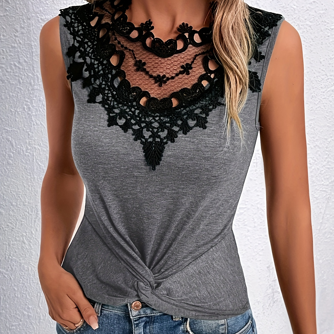 

Lace Splicing Knot Front Tank Top, Vintage Sleeveless Color Block Summer Top, Women's Clothing