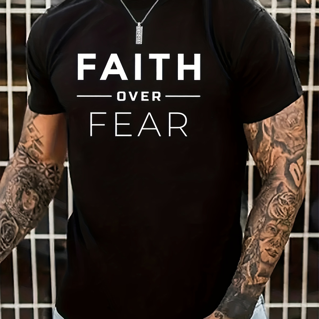 

Men's Faith Over Fear Print T-shirt, Casual Short Sleeve Crew Neck Tee, Men's Clothing For Summer Outdoor