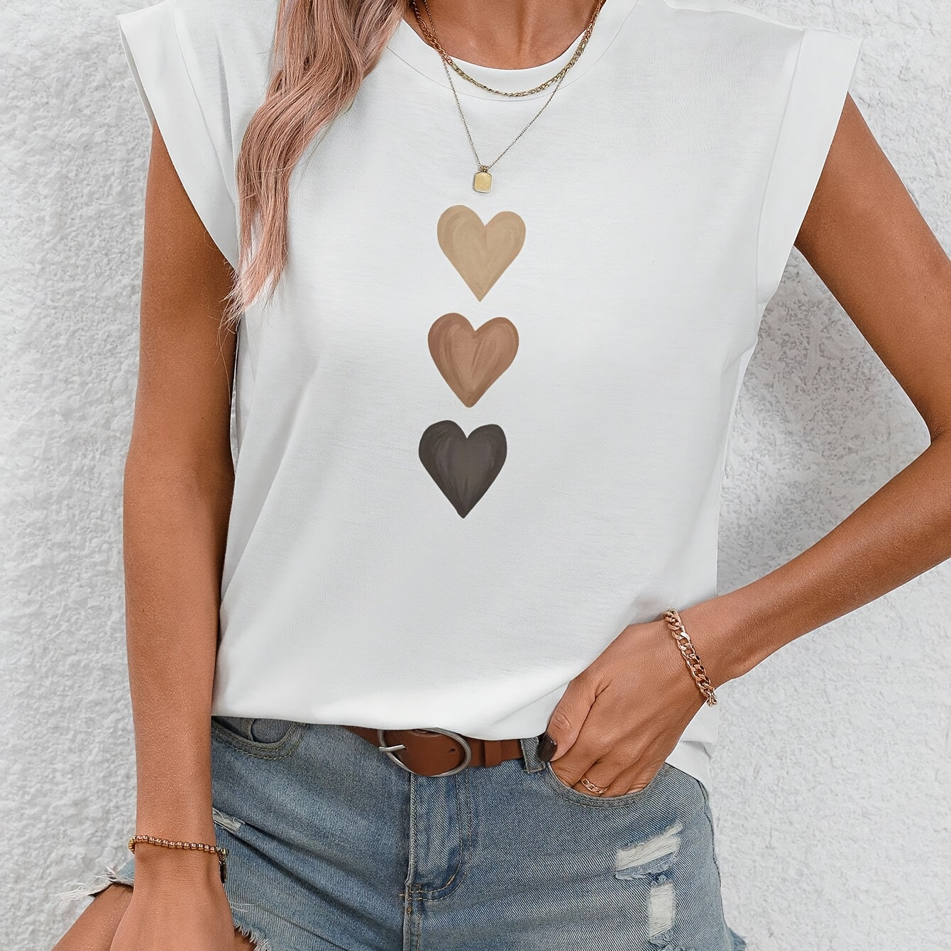 

Heart Print T-shirt, Cap Sleeve Crew Neck Casual Top For Summer & Spring, Women's Clothing