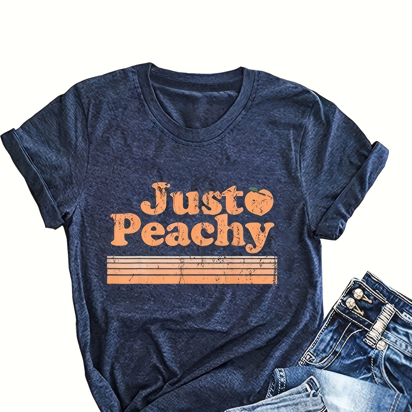 

Plus Size Just Peachy Print T-shirt, Casual Crew Neck Short Sleeve T-shirt, Women's Plus Size clothing