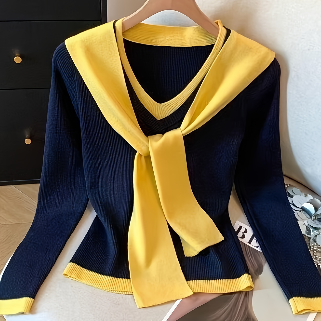 TEMU Elegant Casual Sweater V-neck, Contrast Collar, Color, High Fabric, Slim Fit, Spring/fall/winter -