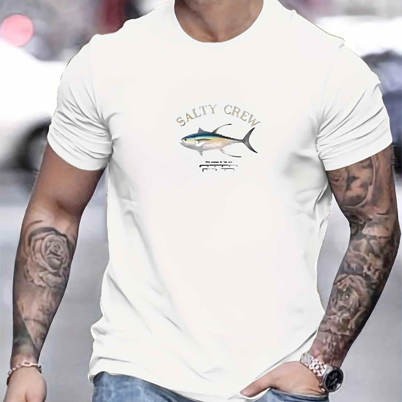 

& Shark Print T-shirt, Tees For Men, Casual Short Sleeve T-shirt For Summer