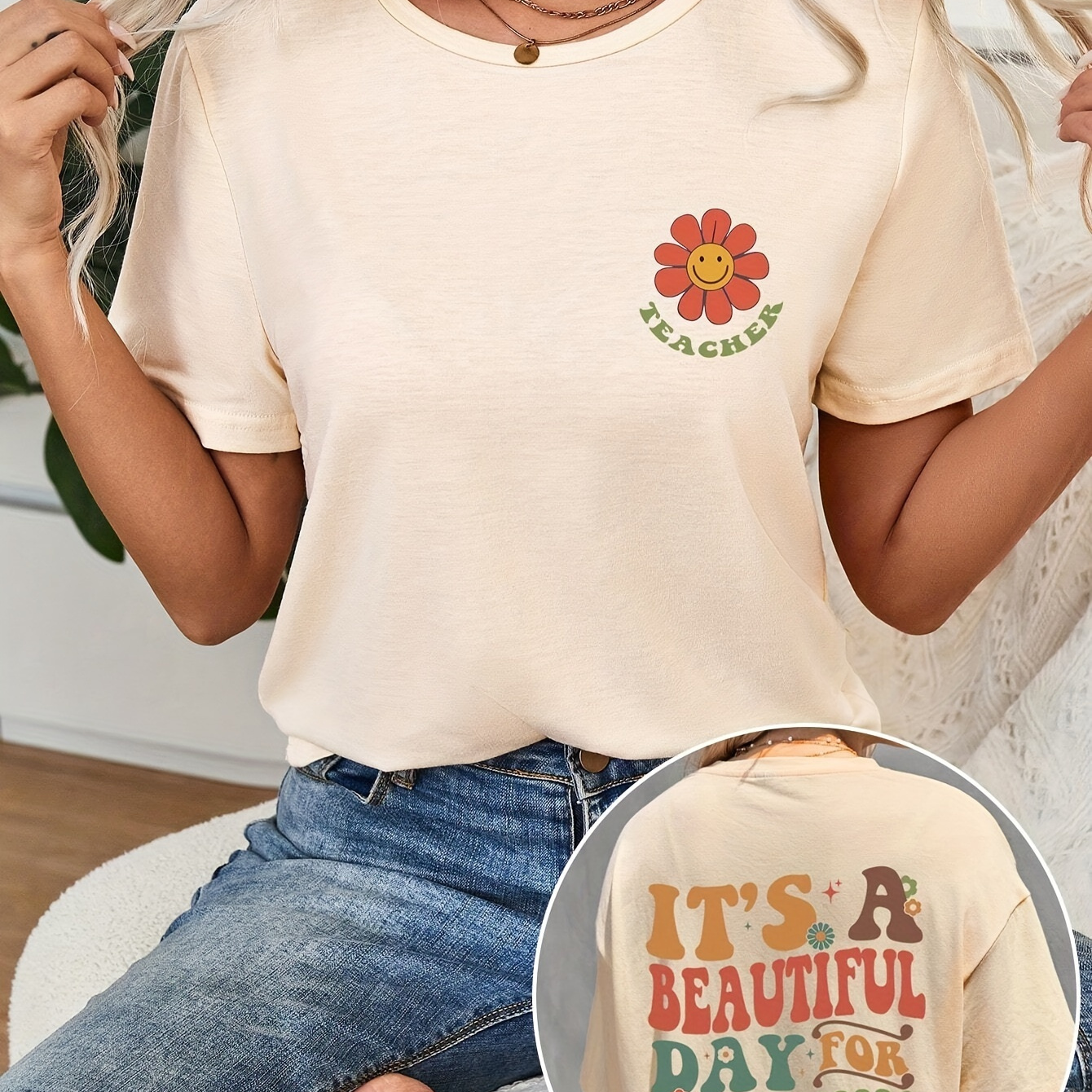 

Casual Simple Teacher's Day Pattern Round Neck Short Sleeve Regular Women's T-shirt, Suitable For Summer, Suitable For All Women's Clothing