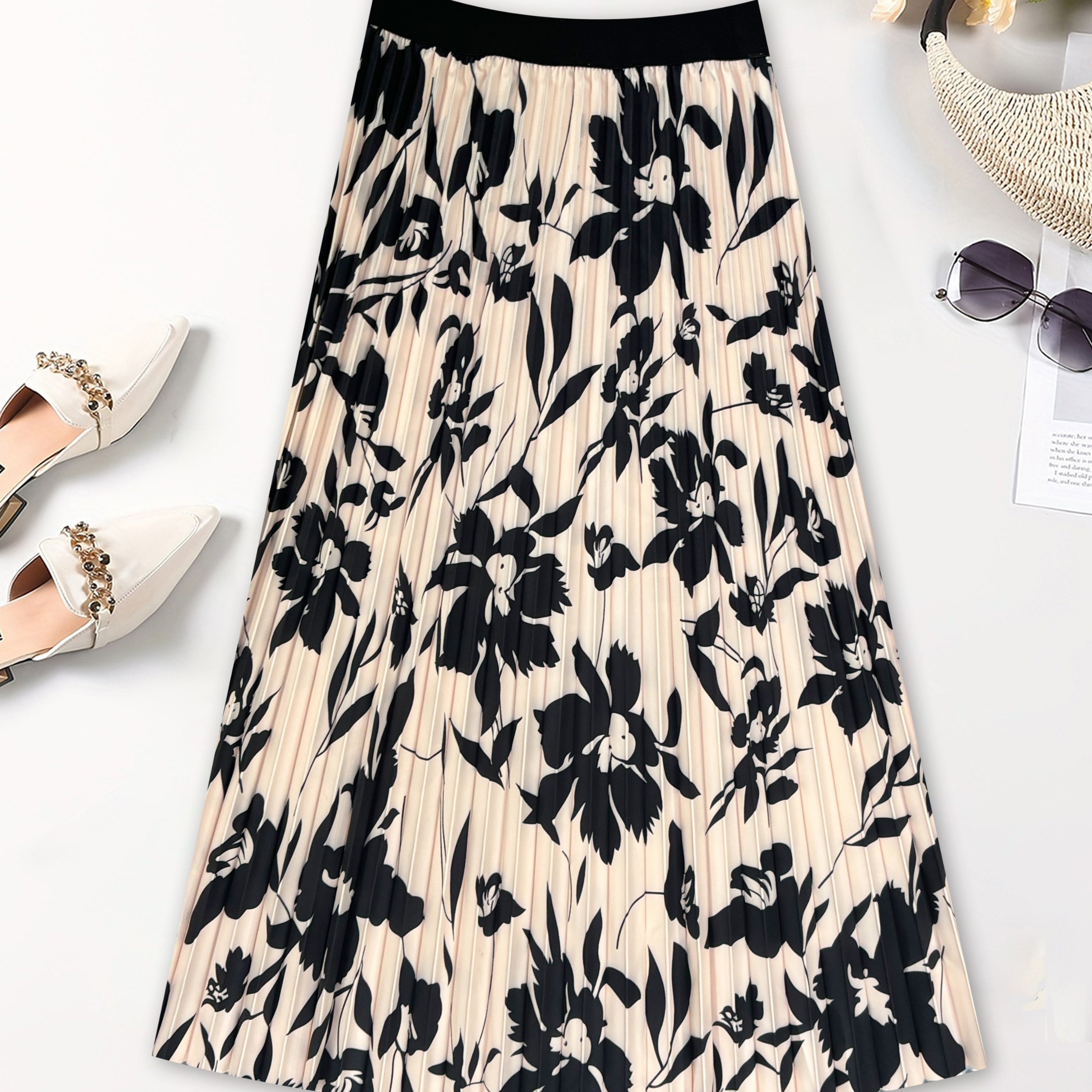 

Floral Print High Waist Pleated Skirt, Casual A-line Midi Skirt For Spring & Summer, Women's Clothing