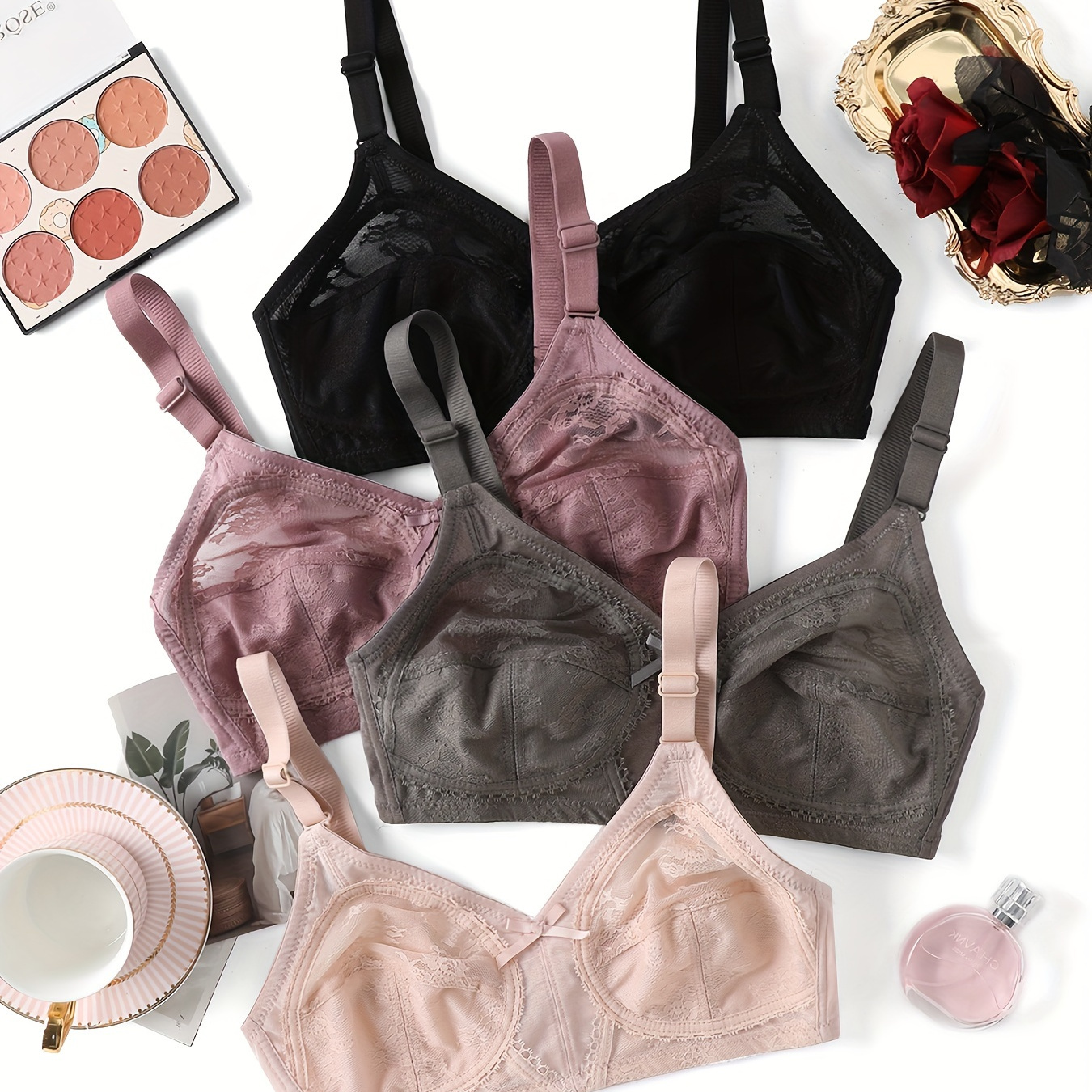 

4pcs Simple Solid Contrast Lace Bra, Comfy & Breathable Bra, Women's Lingerie & Underwear