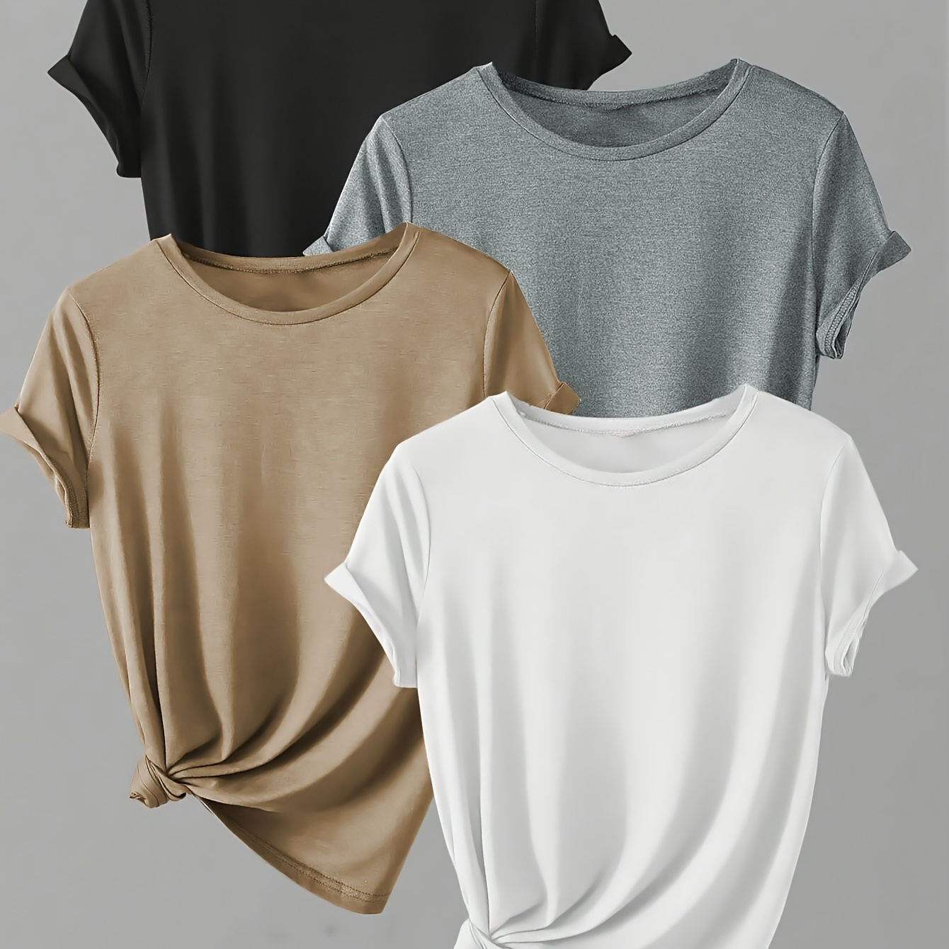 

Solid T-shirt 4 Pack, Casual Crew Neck Short Sleeve T-shirt For Spring & Summer, Women's Clothing