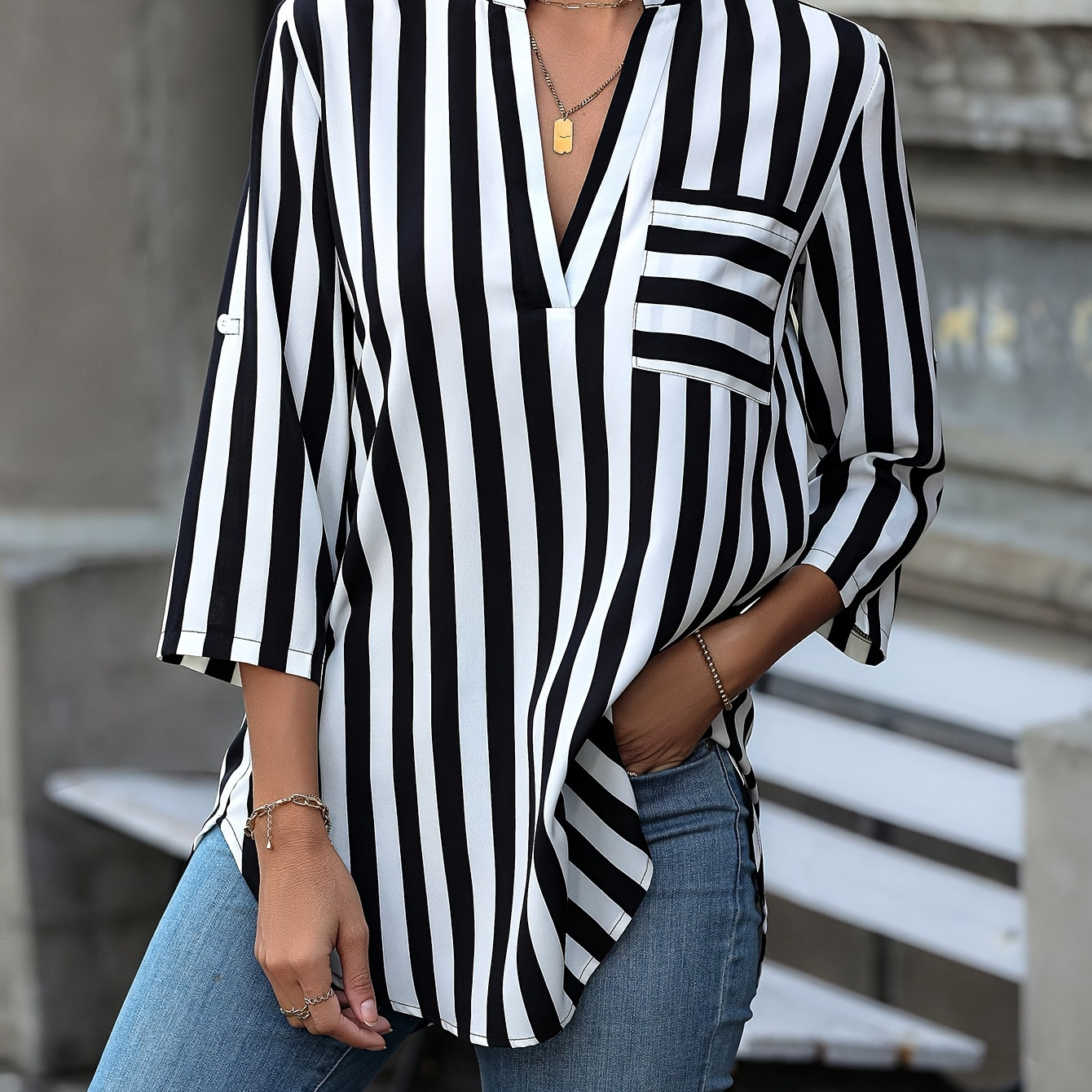 

Striped Notched Neck Loose Blouse, Casual Roll Up Sleeve Sleeve Blouse For Spring & Fall, Women's Clothing