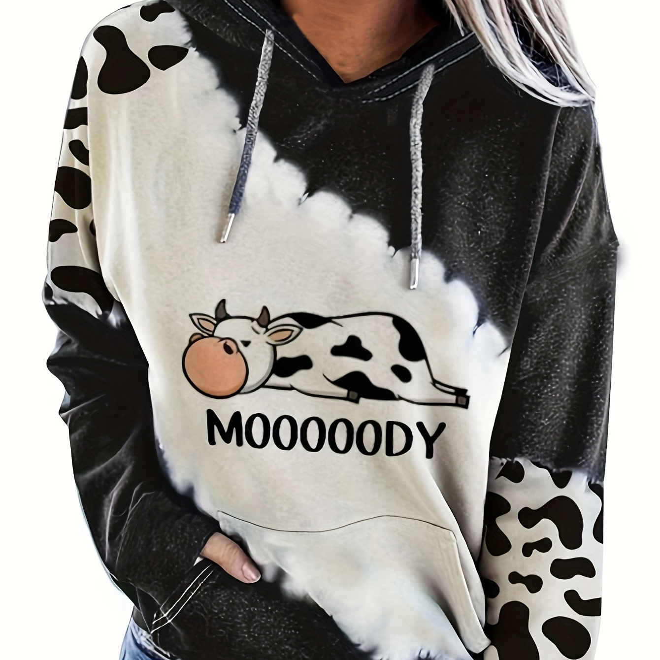 

Cow & Letter Print Hoodies, Casual Drawstring Kangaroo Pocket Sweatshirt, Women's Clothing