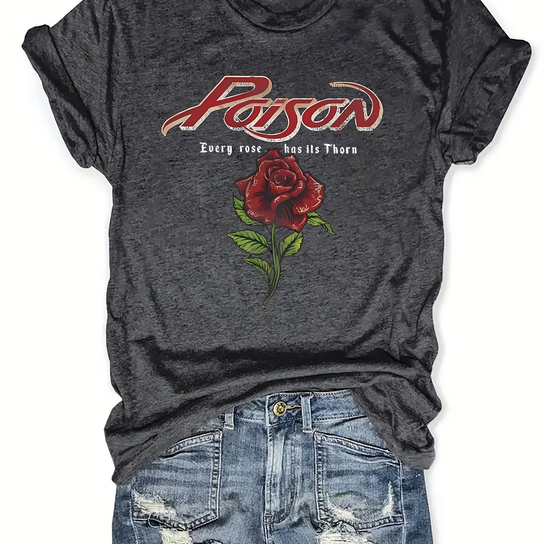 

Rose&letter Neck T-shirt, Casual Short Sleeve Top For , Women's Clothing