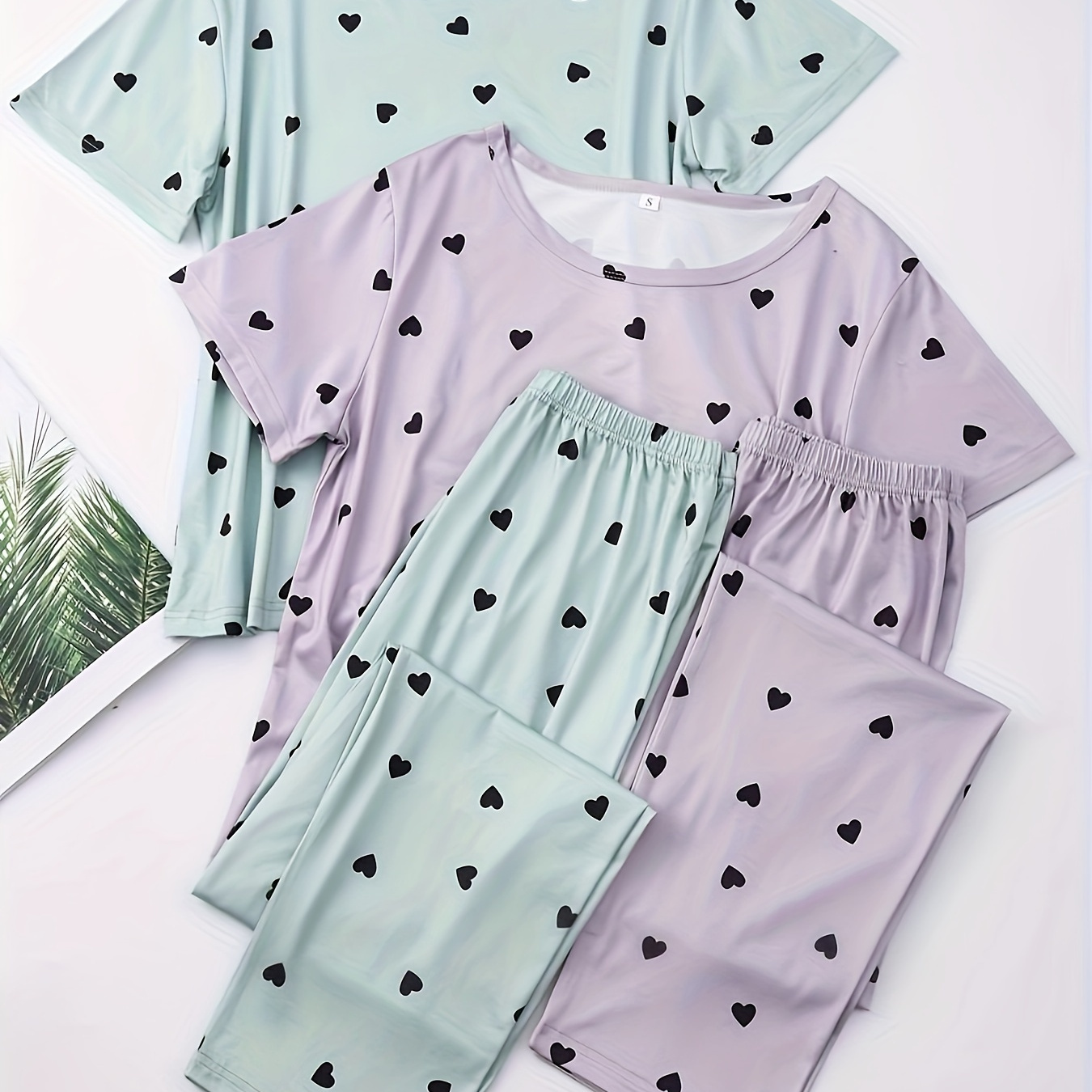 

2 Sets Heart Print Pajama Set, Casual Short Sleeve Round Neck T-shirt & Elastic Pants, Women's Sleepwear