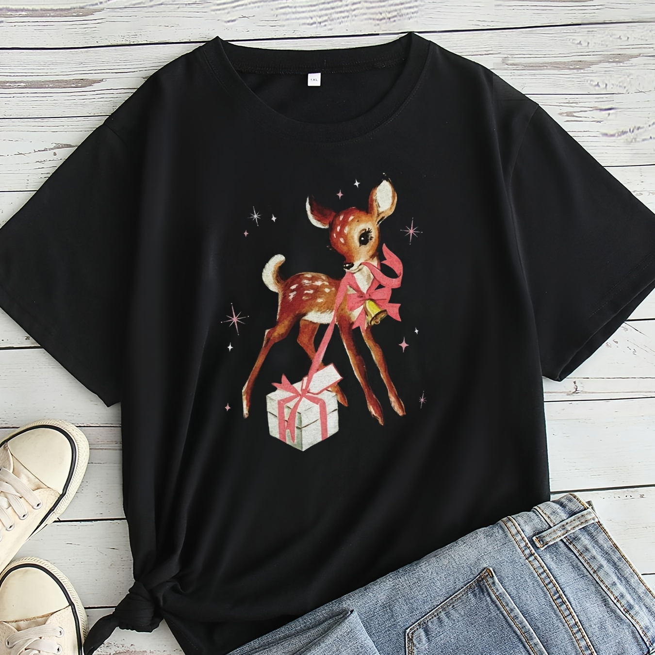 

Women's Plus Size Christmas Deer Print T-shirt, Casual Round Neck Short Sleeve Tee, Polyester Knit Fabric, All Seasons, 1-8xl