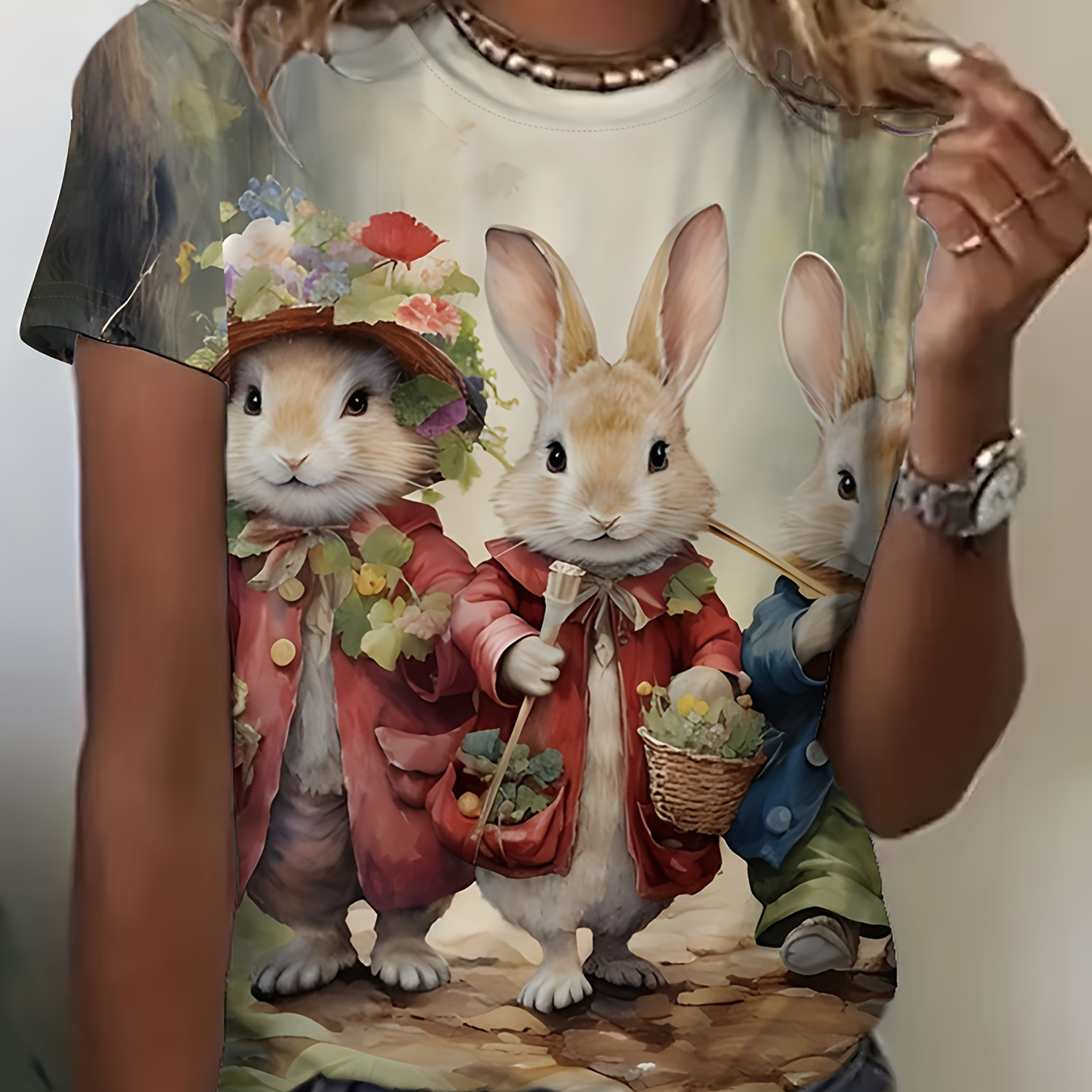 

Bunny Print Crew Neck T-shirt, Short Sleeve Casual Top For Spring & Summer, Women's Clothing