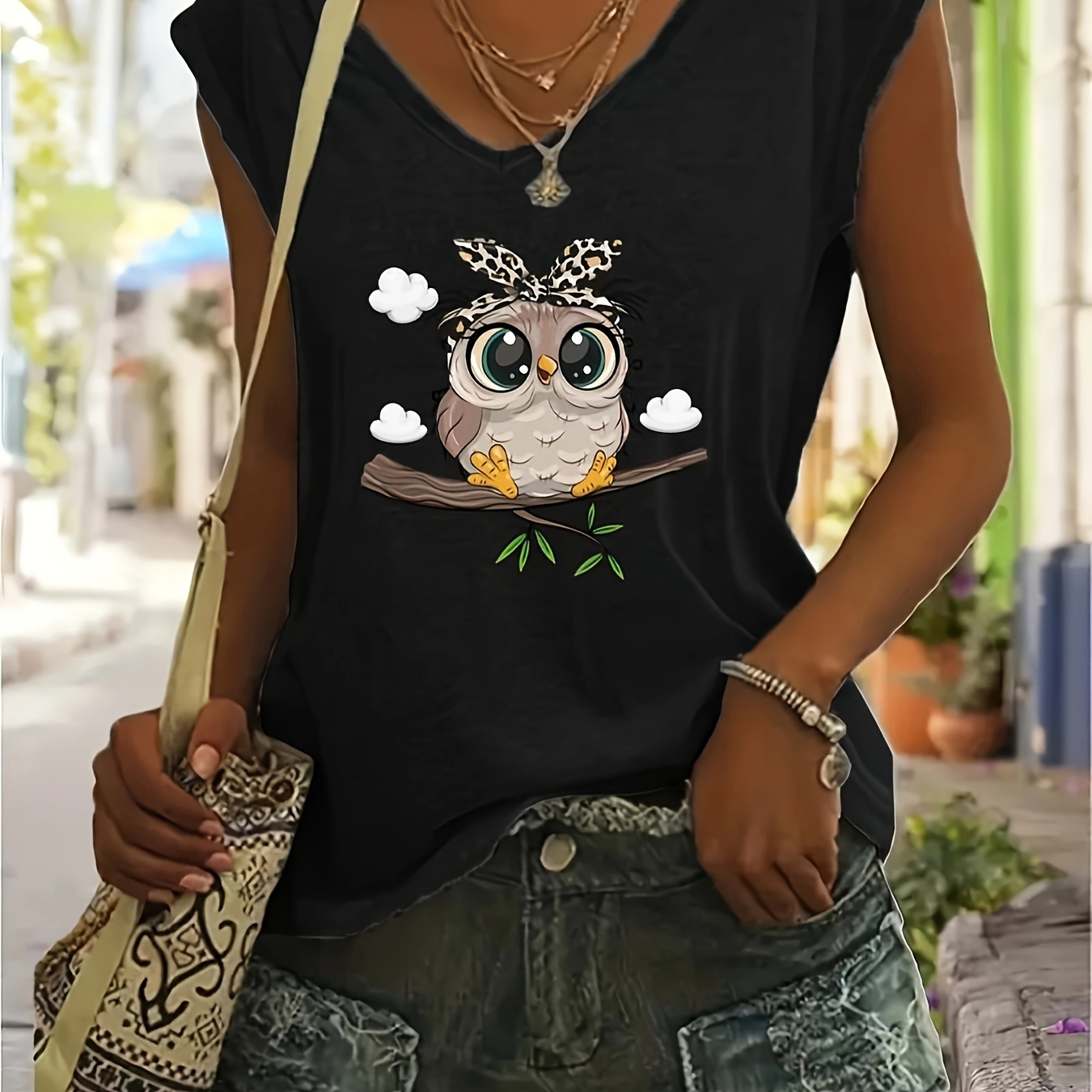 

Cartoon Owl Print V Neck T-shirt, Short Sleeve Casual Top For Spring & Summer, Women's Clothing
