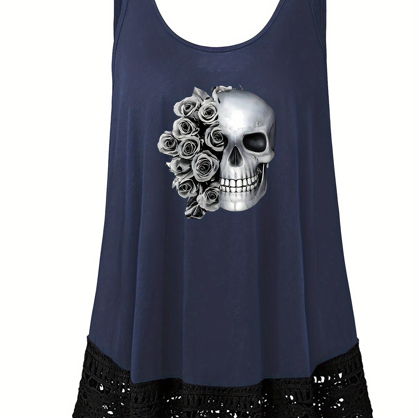 

Plus Size Skull & Flower Print Tank Top, Casual Lace Stitching Sleeveless Crew Neck Top For Summer & Spring, Women's Plus Size Clothing