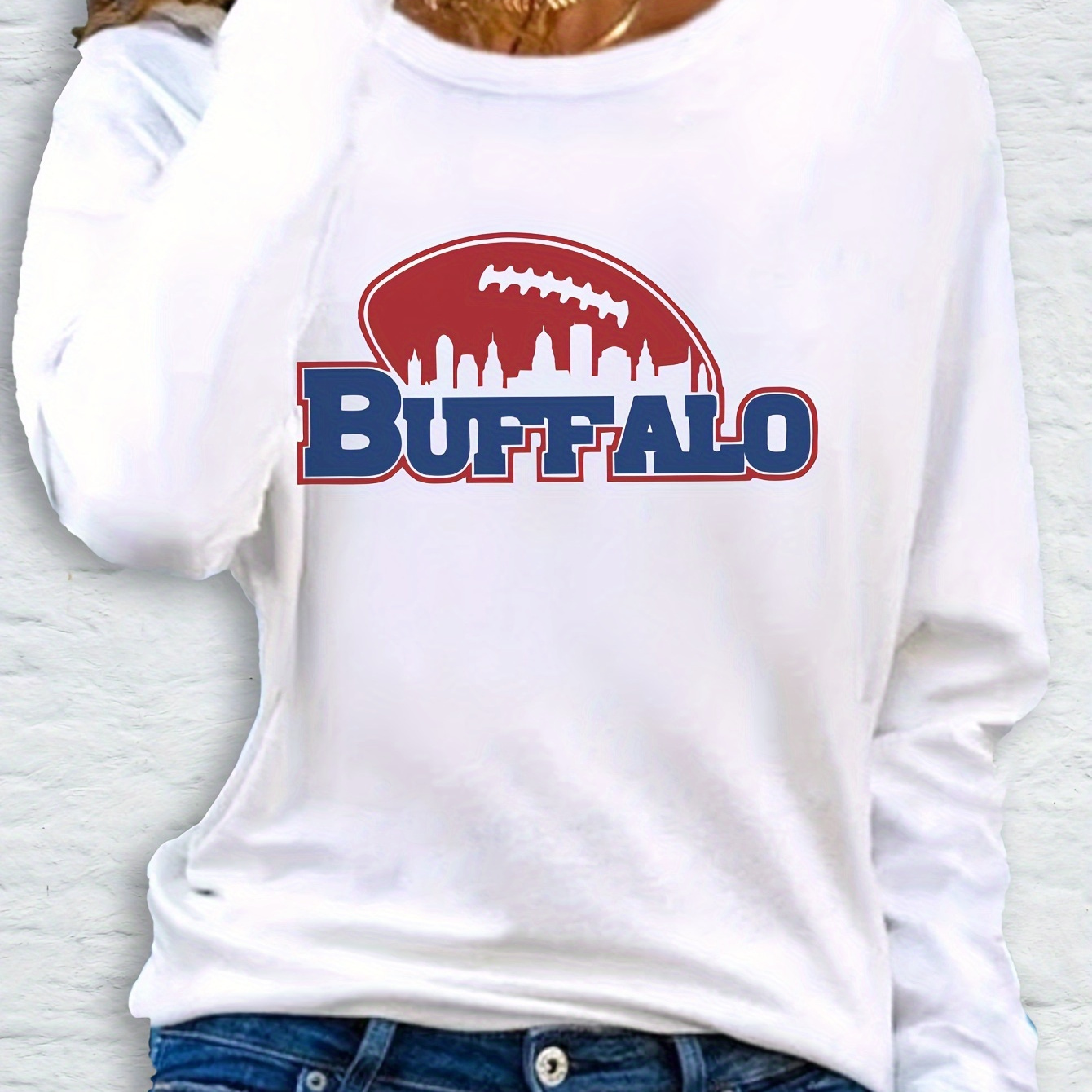 

Women's Buffalo Long Sleeve T-shirt, Casual Crew Neck Knit Top, 100% Polyester, Medium Stretch, Regular Fit, Fall Season Apparel