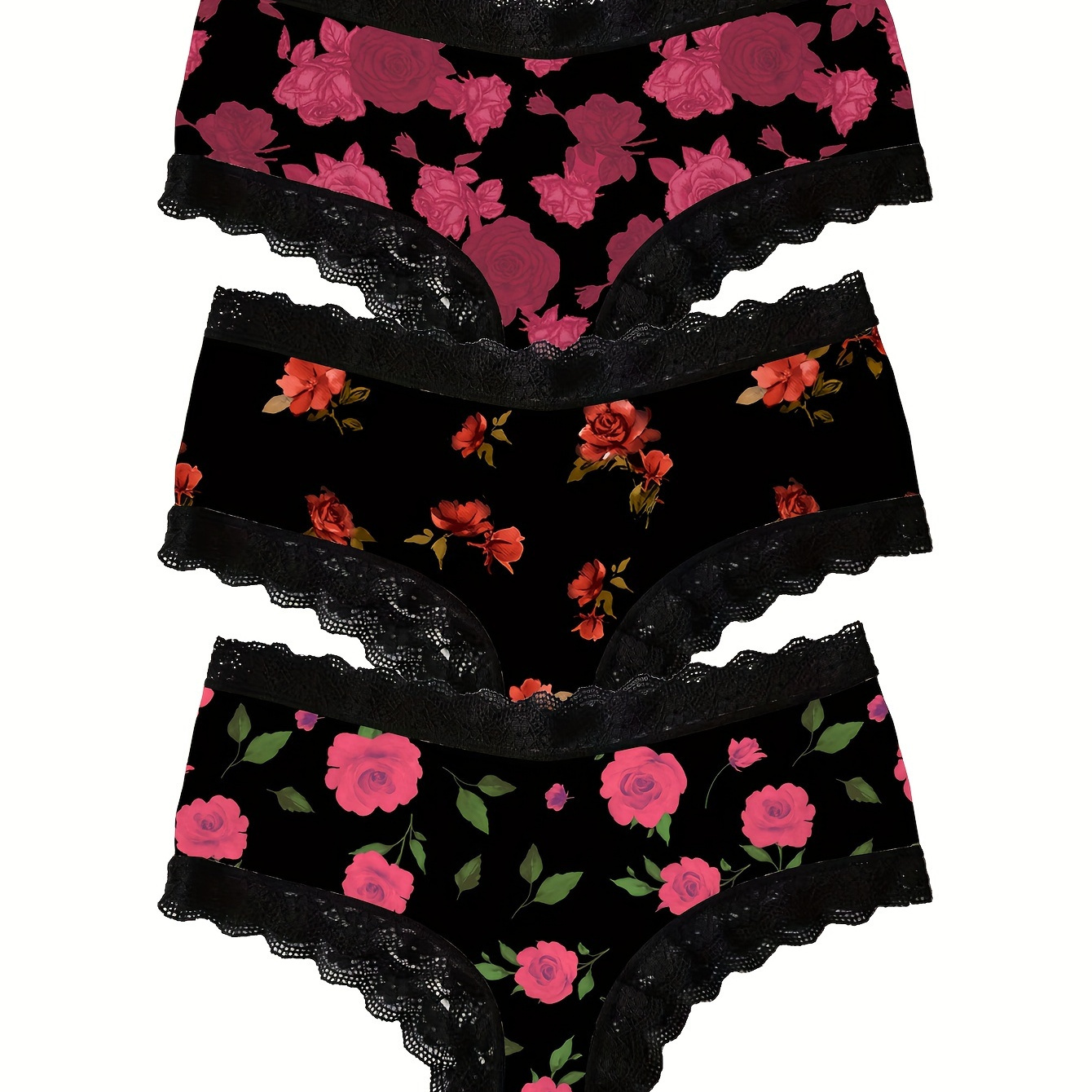 

Culottes Romantiques À Imprimé Floral 3 Pièces, Culottes Élégantes Et Confortables Avec Bordure En Dentelle, Lingerie Et Sous-vêtements Pour Femmes