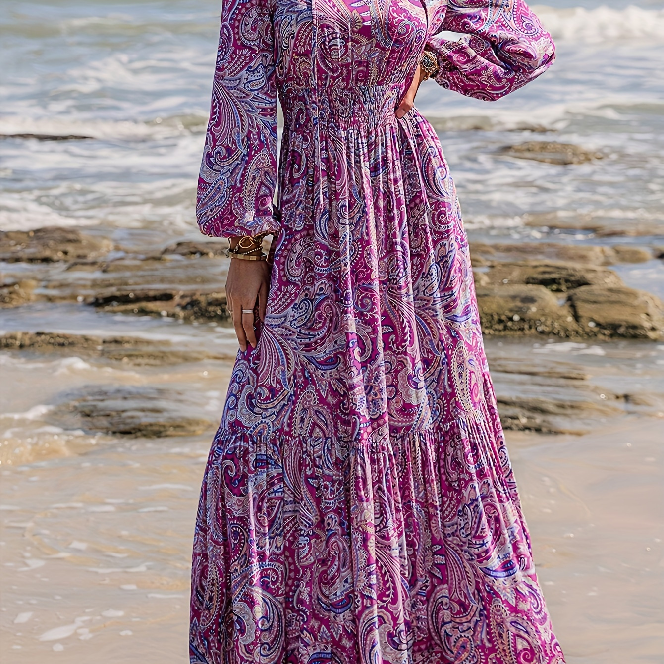 

Paisley Print Tie Neck Dress, Elegant Lantern Sleeve A-line Maxi Dress For Vacation, Women's Clothing