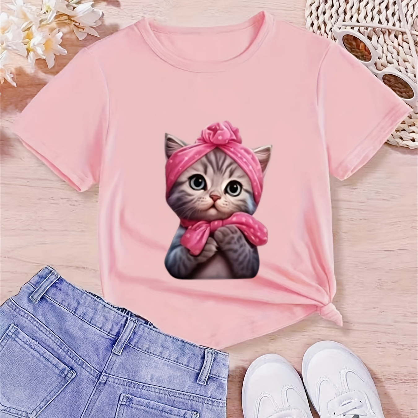 

Adorable Cat With Headscarf Graphic Print Creative T-shirts, Soft & Elastic Comfy Crew Neck Short Sleeve Tee, Girls' Summer Tops