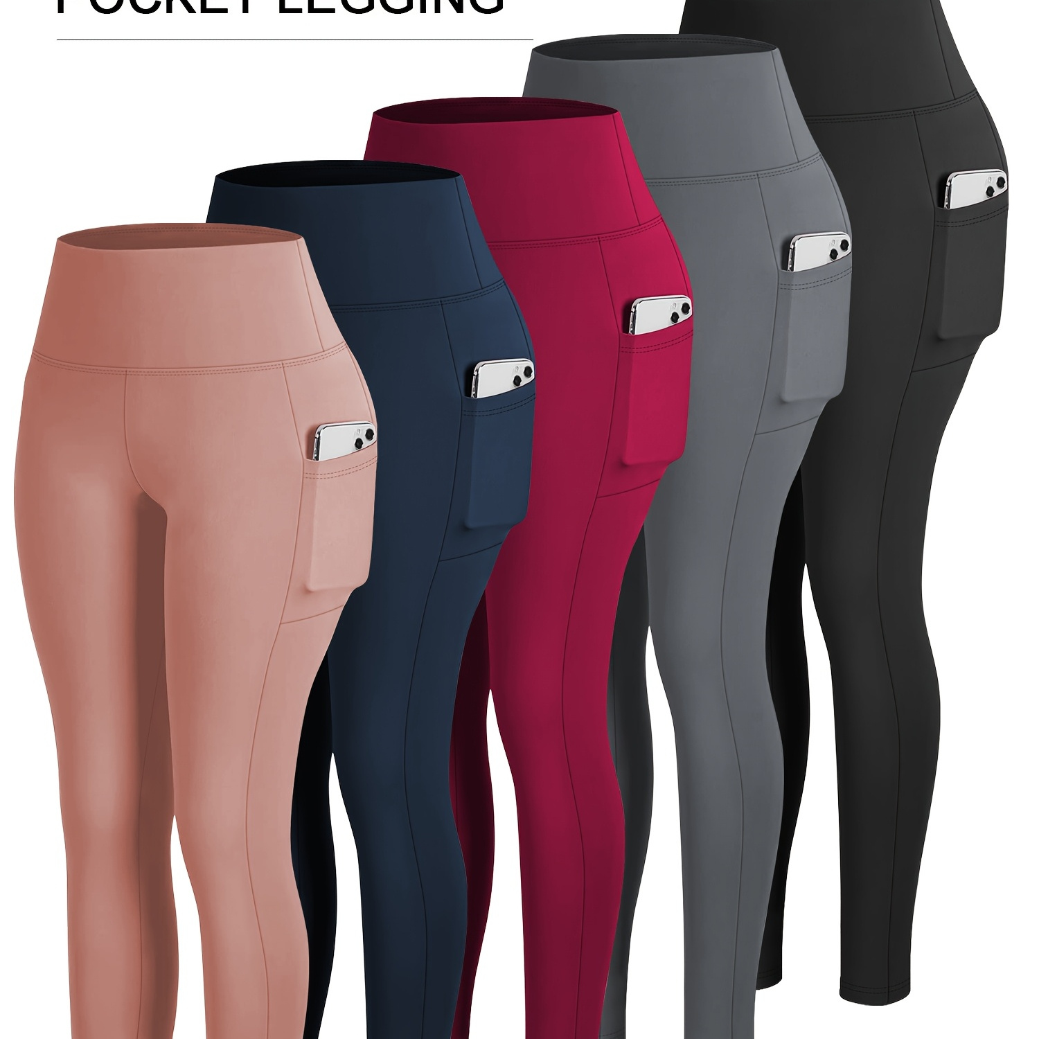 

5pcs Women's High-waist Stretchy Yoga & Cycling Leggings With Pockets - (pink, Black, Navy Blue, Red, Gray), Full-length Workout Tights For Spring/fall, Machine Washable, Workout Accessories