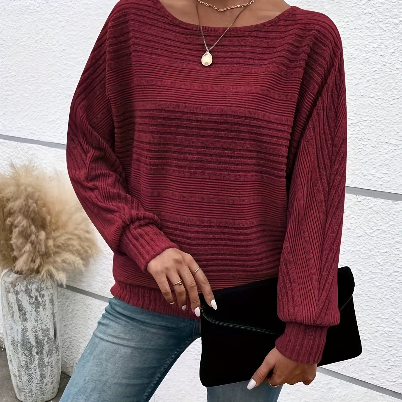 

Elegant Women's Ribbed Crew Neck Batwing Sleeve Knit Top - Polyester Stretch Solid Color T-shirt For Fall/winter