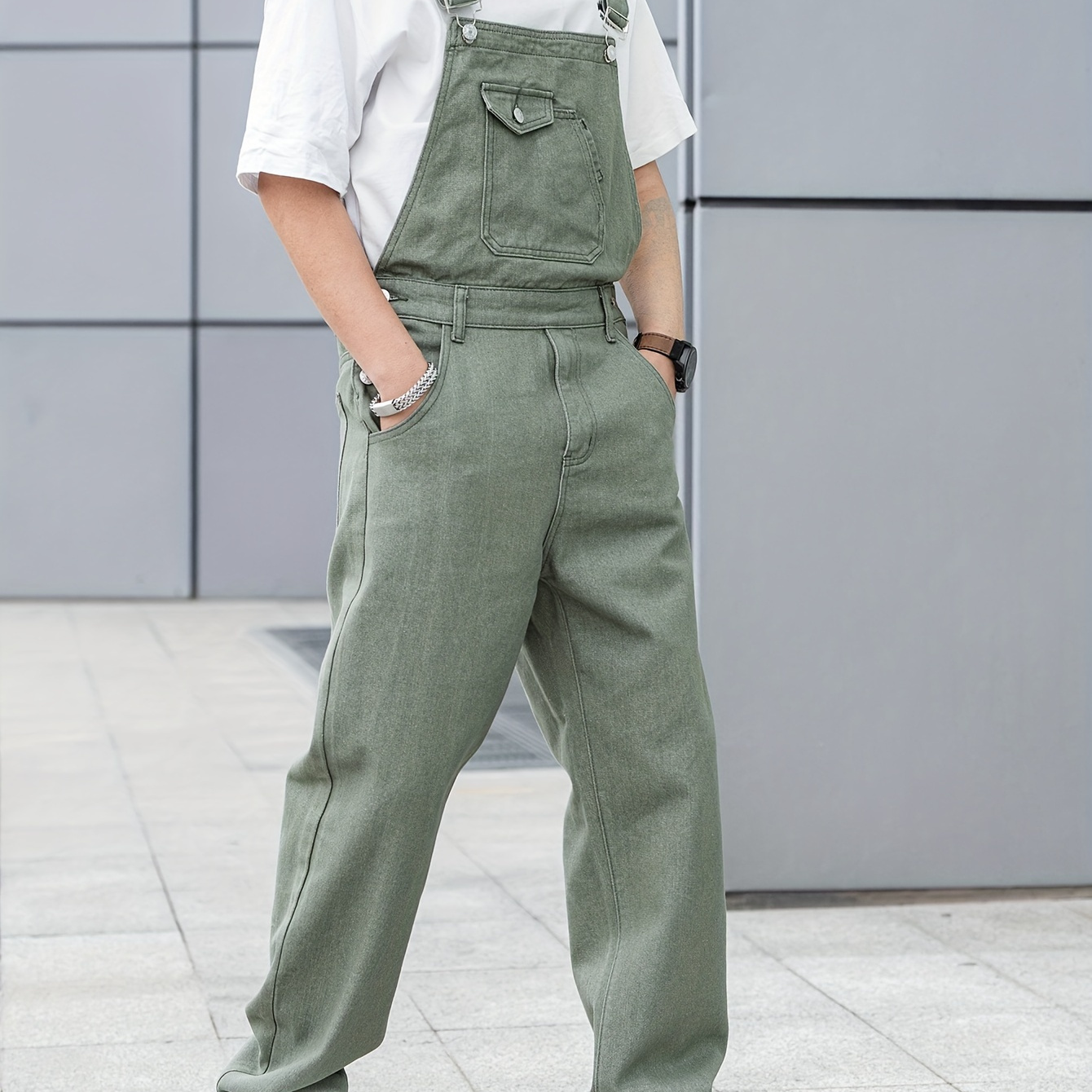 

Men's All-season Green Denim Bib Overalls - Loose, Casual Streetwear, Perfect For Men