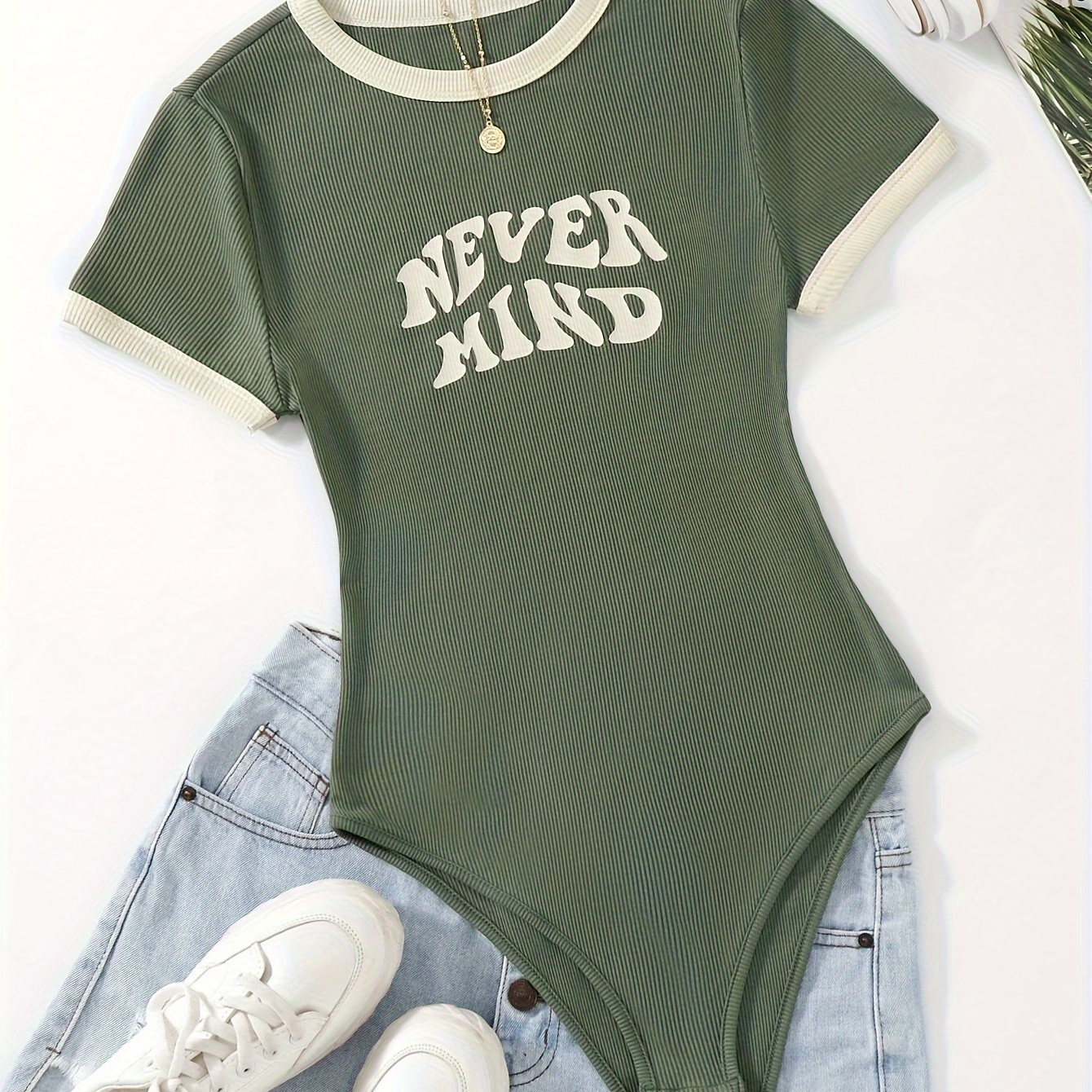 

Letter Print Trim Bodysuit, Casual Crew Neck Short Sleeve Bodysuit For , Women's Clothing