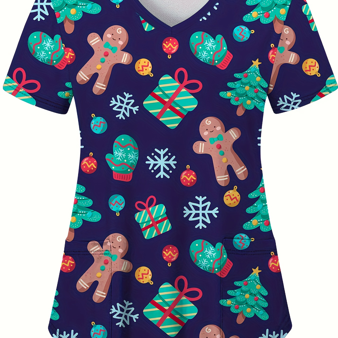 

Women's Cute Christmas Print Short Sleeve V-neck T-shirt With Pocket, 100% Polyester Knit Fabric, Regular Fit Holiday Top With Slight Stretch, Nurse Uniform For Spring/summer/fall