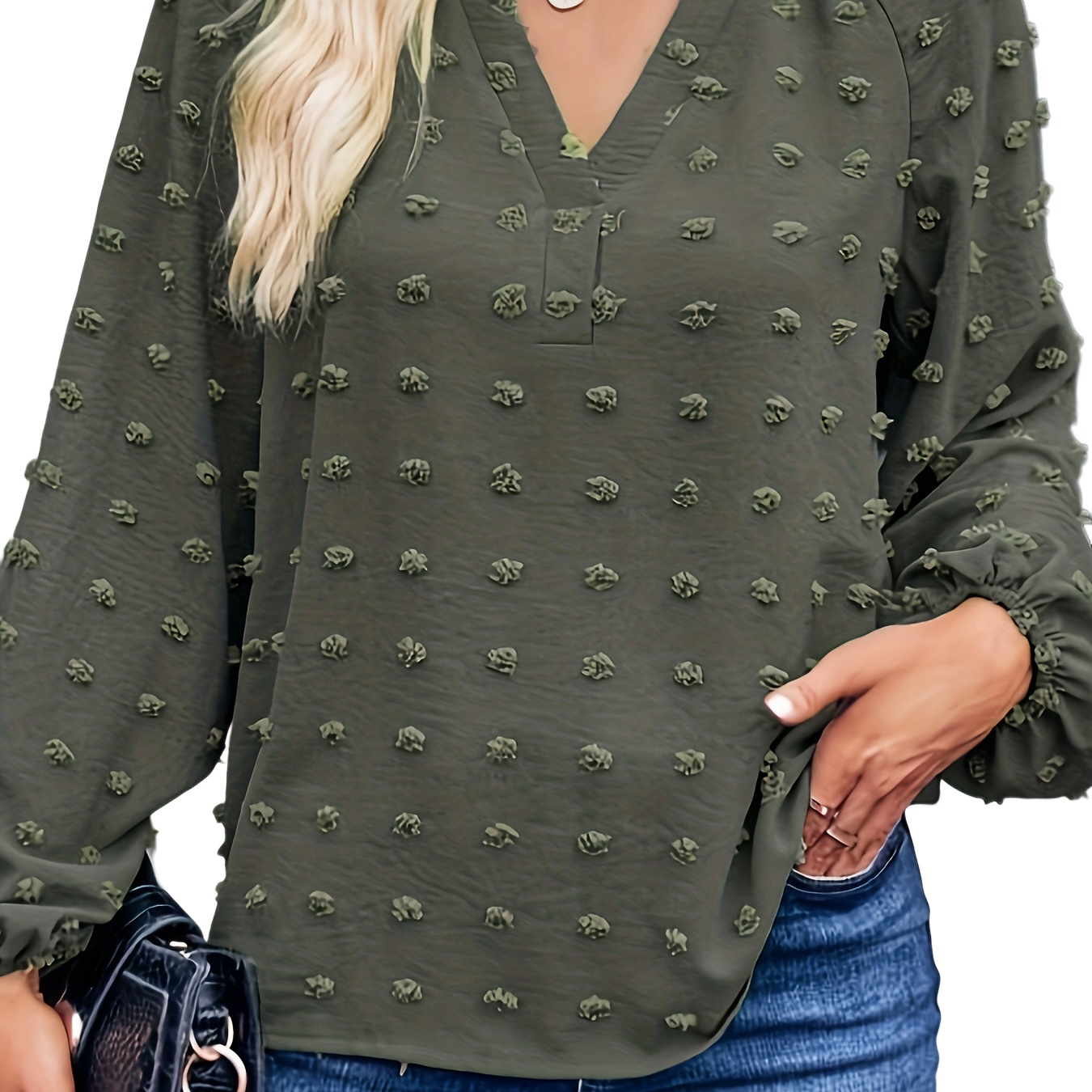 Plus Size Cute Blouse, Women's Plus Swiss Dot Lantern Sleeve V Neck Medium Stretch Shirt Top