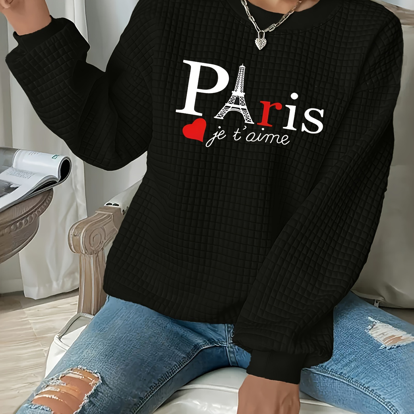 

Plus Size Paris Print Waffle Sweatshirt, Casual Long Sleeve Crew Neck Pullover Sweatshirt, Women's Plus Size clothing