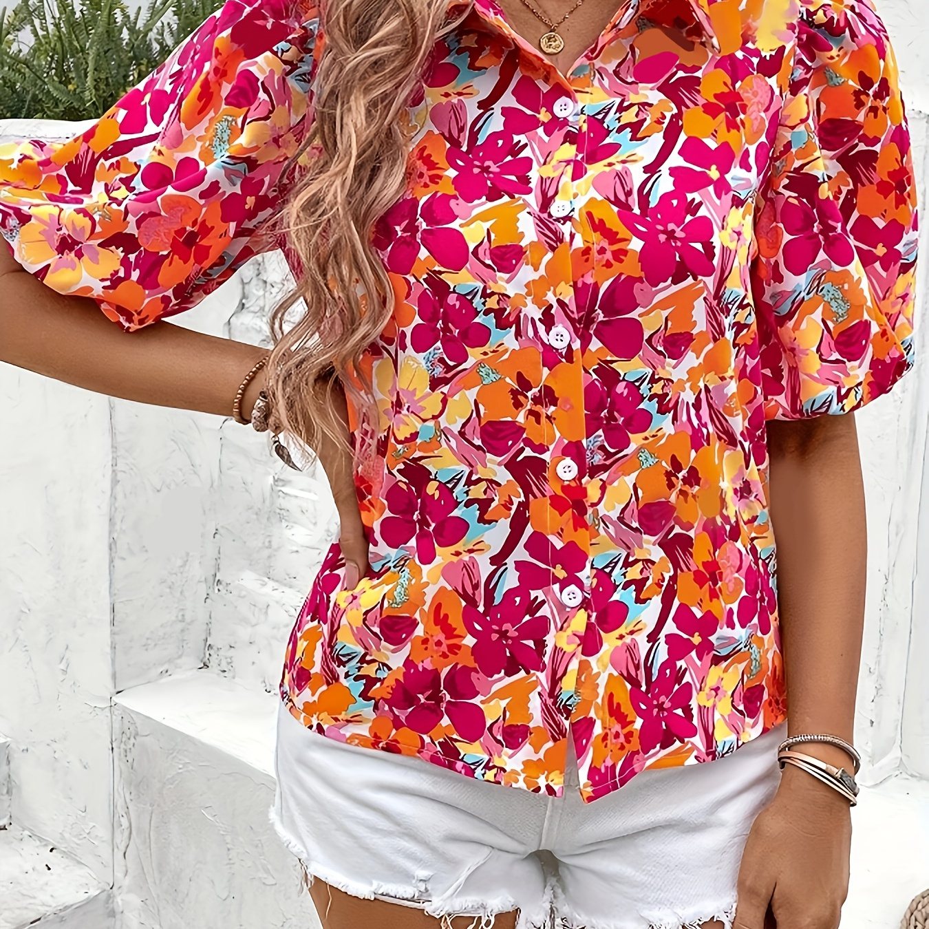 

Floral Print Button Front Blouse, Elegant Puff Sleeve Top For Spring & Summer, Women's Clothing