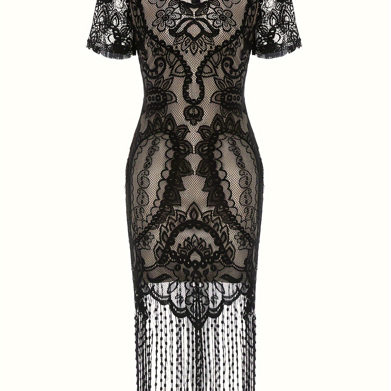 

Black 1920s Fringe Lace Flapper Dress