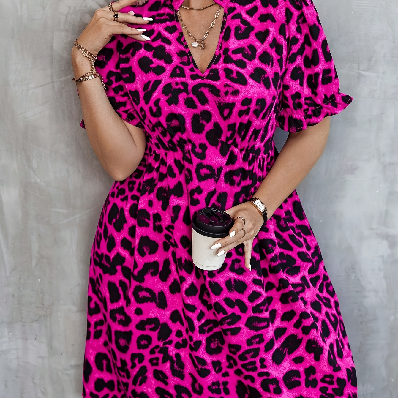 

Plus Size Leopard Print Lettuce Trim Dress, Elegant Short Sleeve Notched Neck Dress For Spring & Summer, Women's Plus Size Clothing
