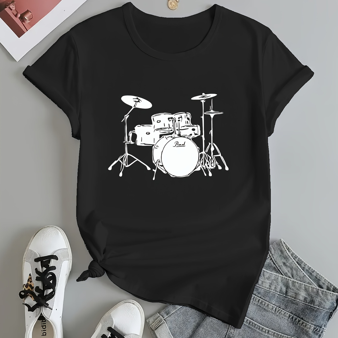 

Drum Print Crew Neck T-shirt, Casual Short Sleeve T-shirt For Spring & Summer, Women's Clothing