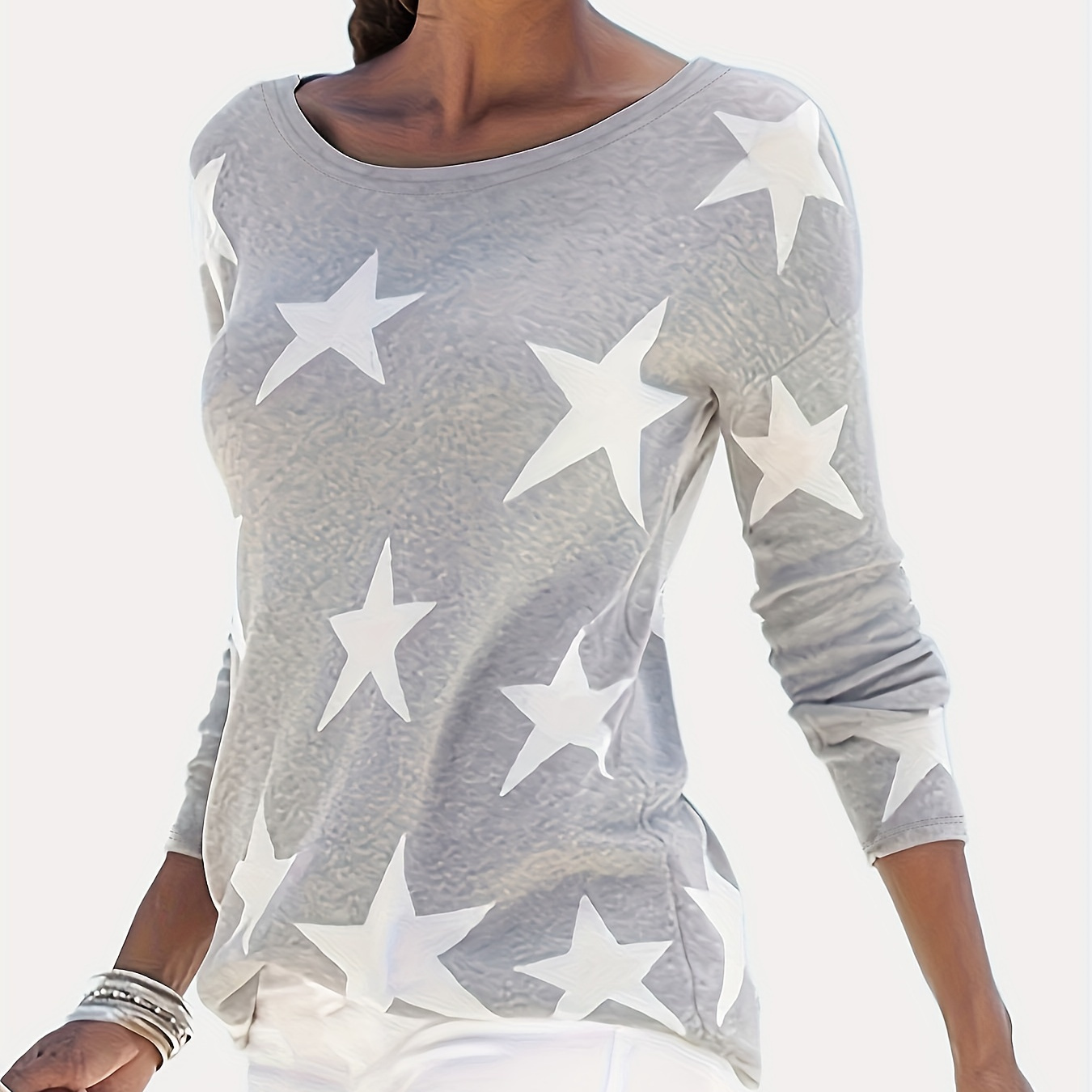 

Stars Print T-shirt, Casual Crew Neck Long Sleeve T-shirt, Women's Clothing