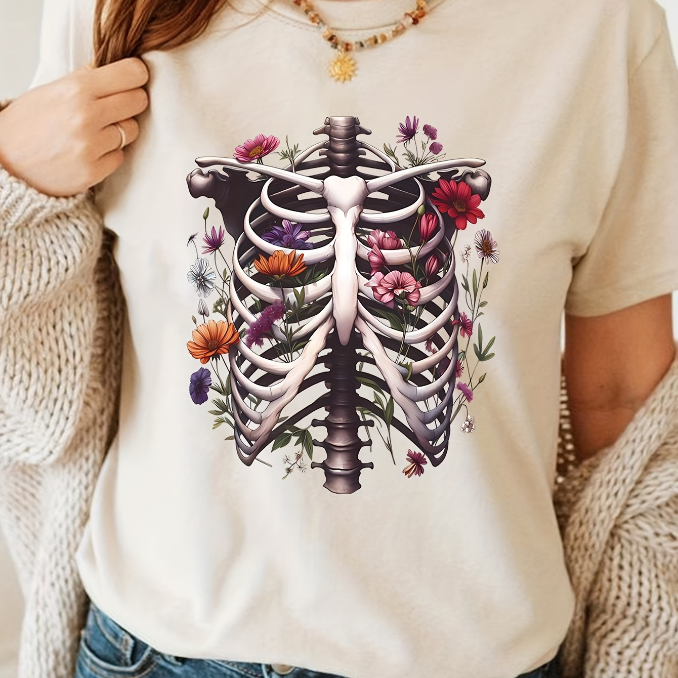 

Women's Floral Skeleton Print T-shirt - Soft Short Sleeve Crew Neck Top, With Vibrant & Design, Casual For Spring And Summer, Ladies T Shirts