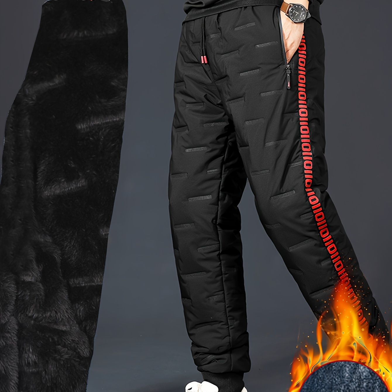 

Polar Essential, Men's Casual Warm Pants, Chic Fleece Lined Sports Trousers With Drawstring And Zippered Pockets For