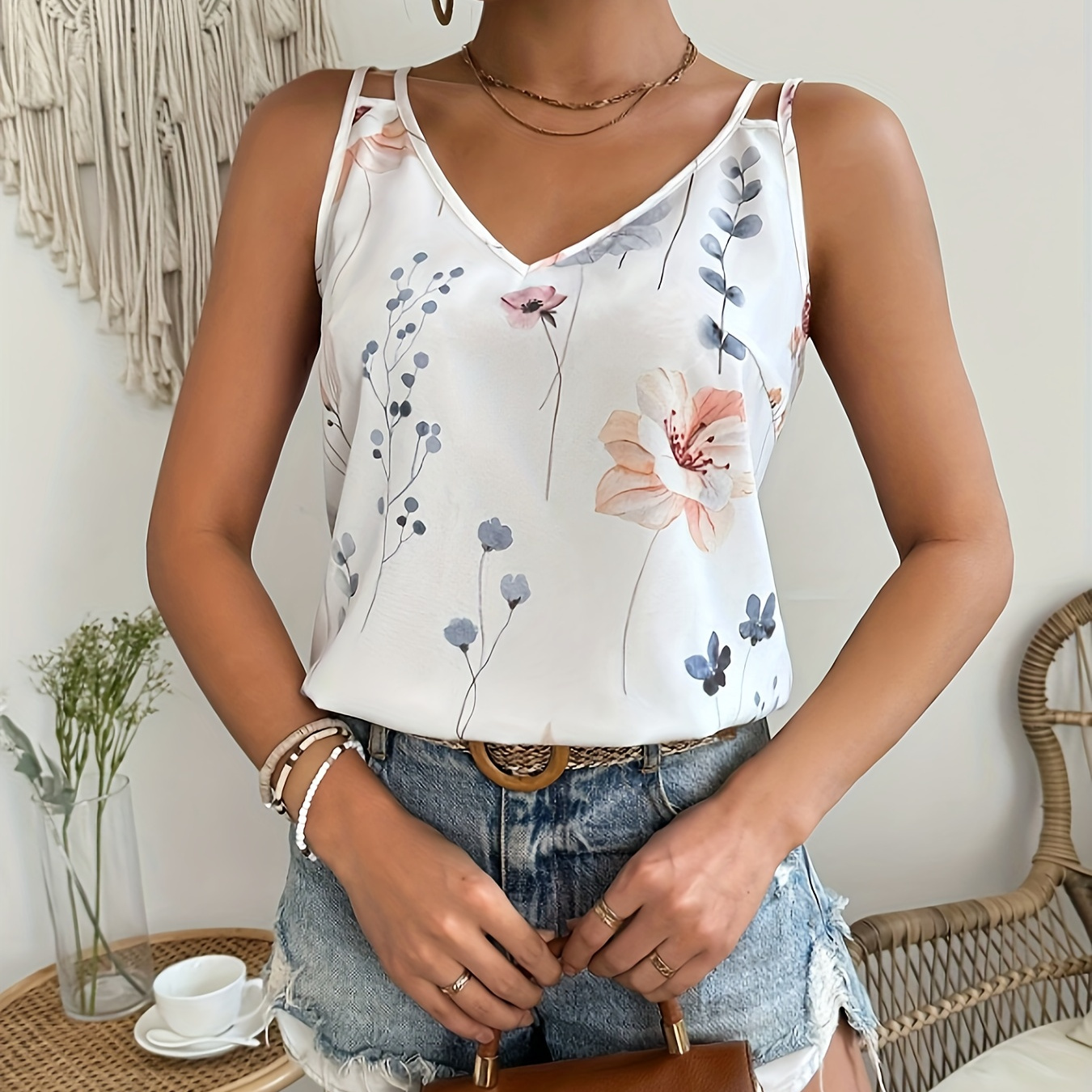 

Floral Print V Neck Tank Top, Casual Sleeveless Double Spaghetti Strap Backless Top For Spring & Summer, Women's Clothing