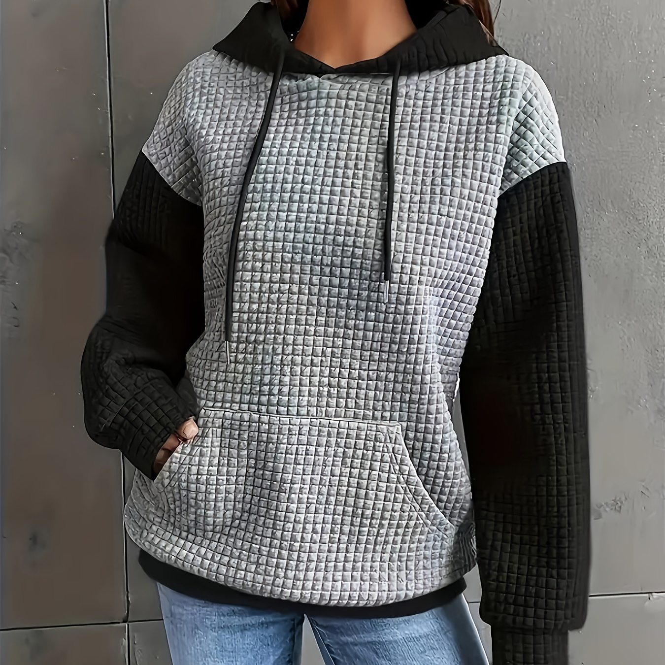 

Plus Size Casual Sweatshirt, Women's Plus Colorblock Waffle Knit Raglan Sleeve Drawstring Hoodie With Kangaroo Pockets