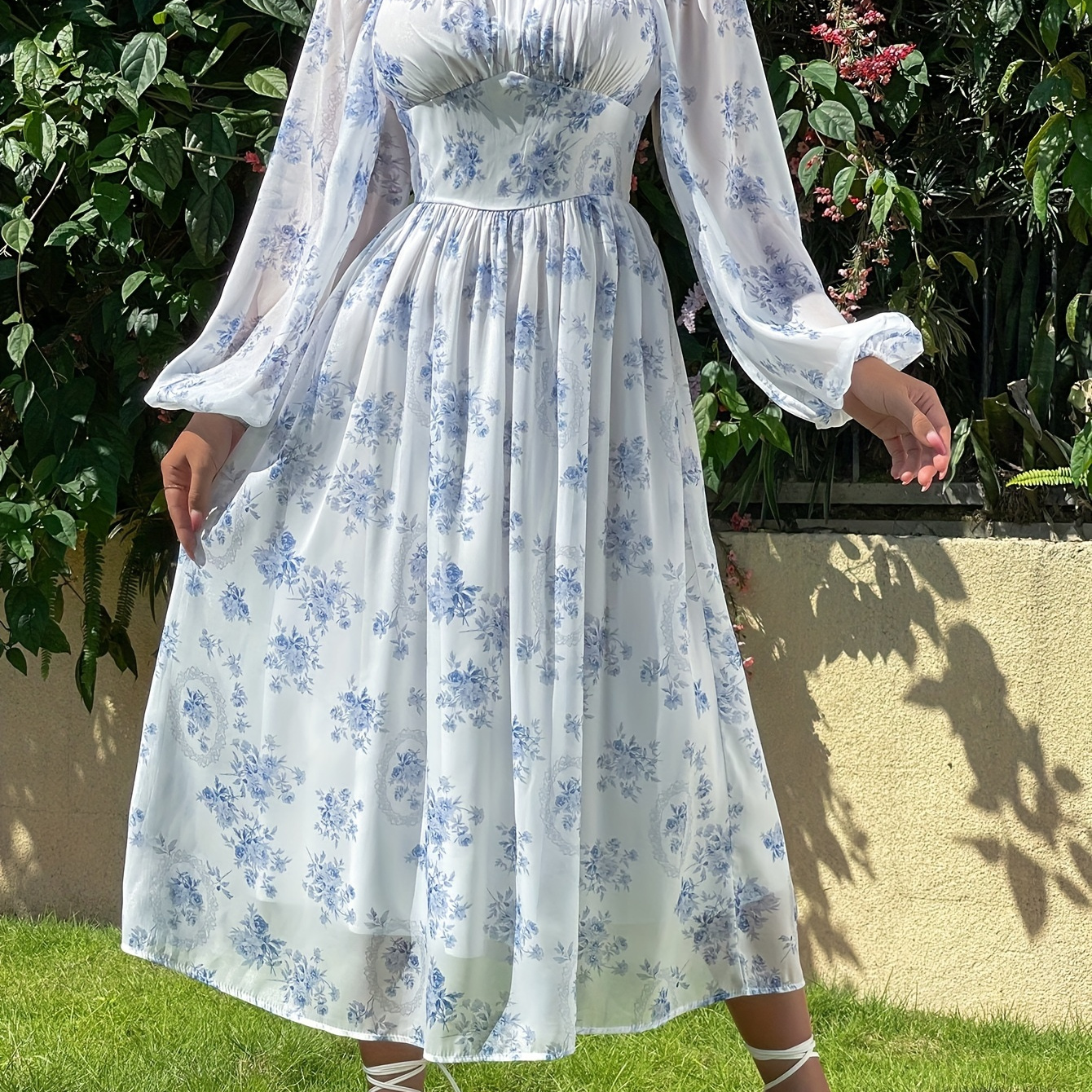 

Floral Print Ruched Bust Square Neck Dress, Elegant Lantern Sleeve A-line Dress For Spring & Summer, Women's Clothing