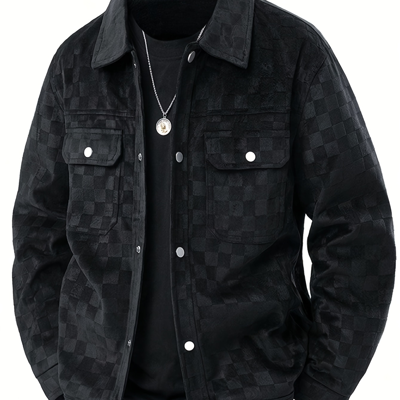 Pearson OBM Men'S Heavyweight Fashion Trendy Checkered Button-Up Jacket with Symmetrical Chest Pockets And a Lapel