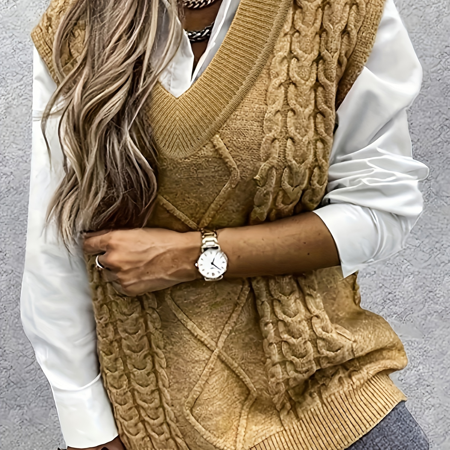 Cable V Neck Knitted Vest, Casual Sleeveless Vest For Spring & Fall, Women's Clothing