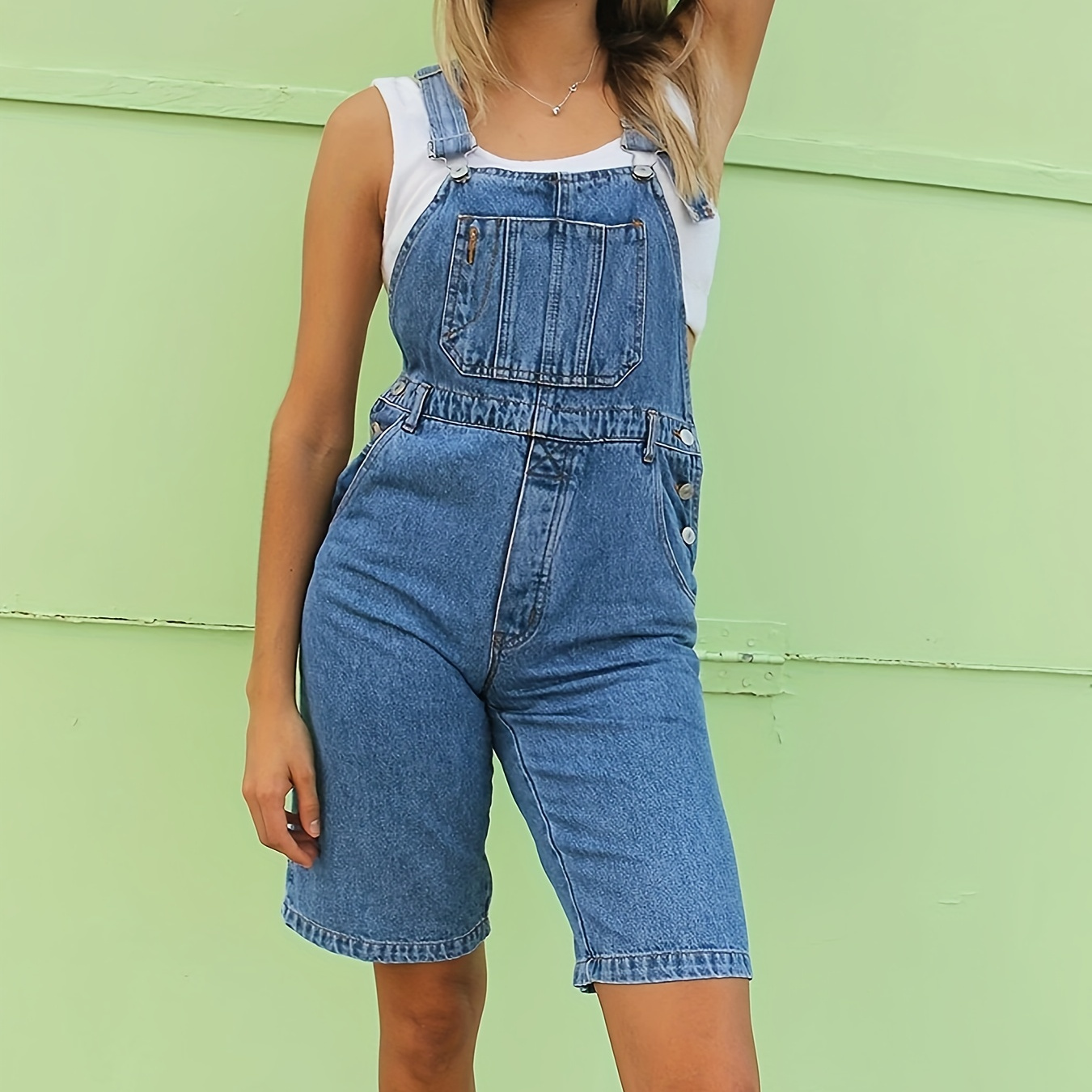 

Plain Washed Blue Casual Versatile Overalls, Adjustable Strap Versatile Denim Shortalls
