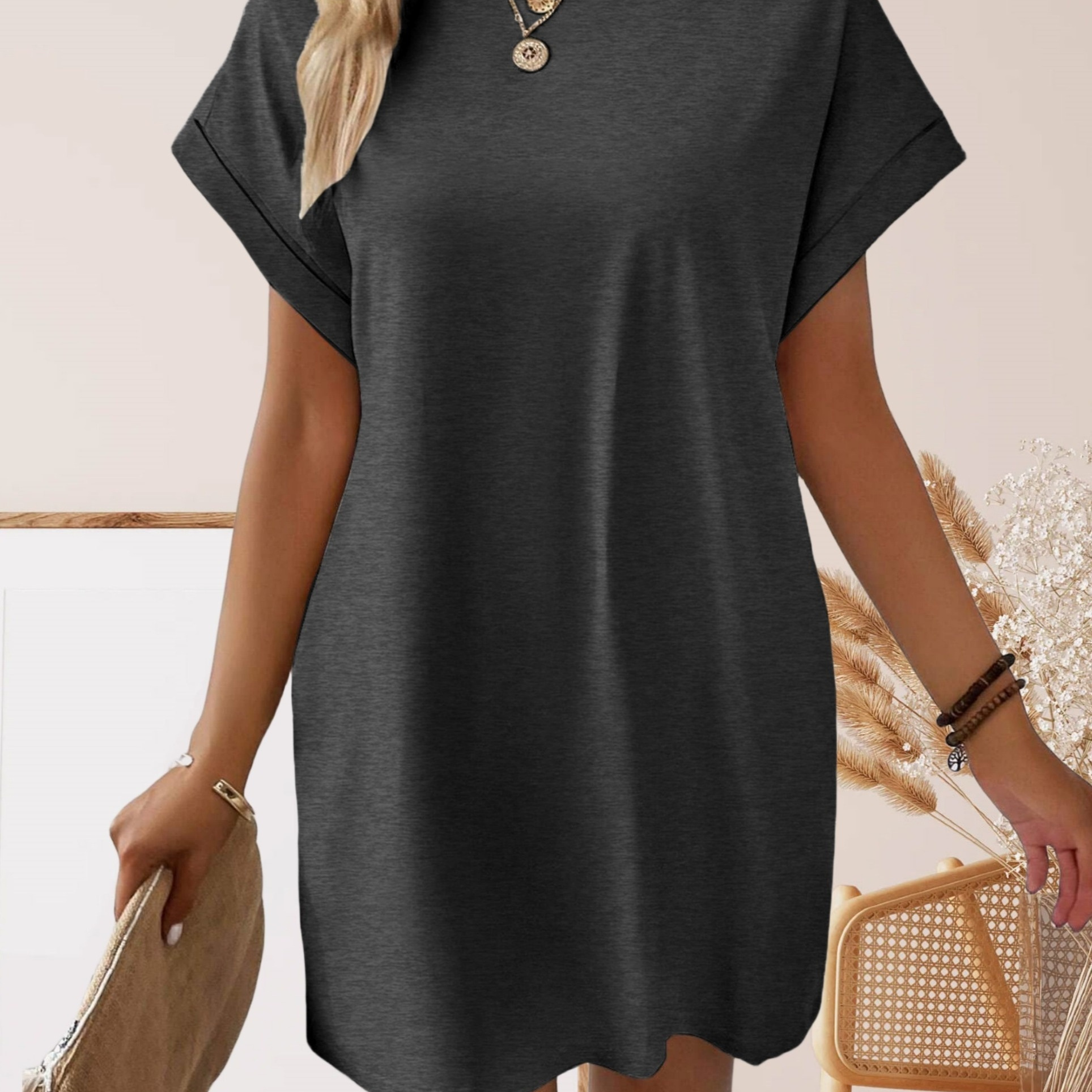 

Solid Color Crew Neck Dress, Casual Short Sleeve Loose Dress For Spring & Summer, Women's Clothing