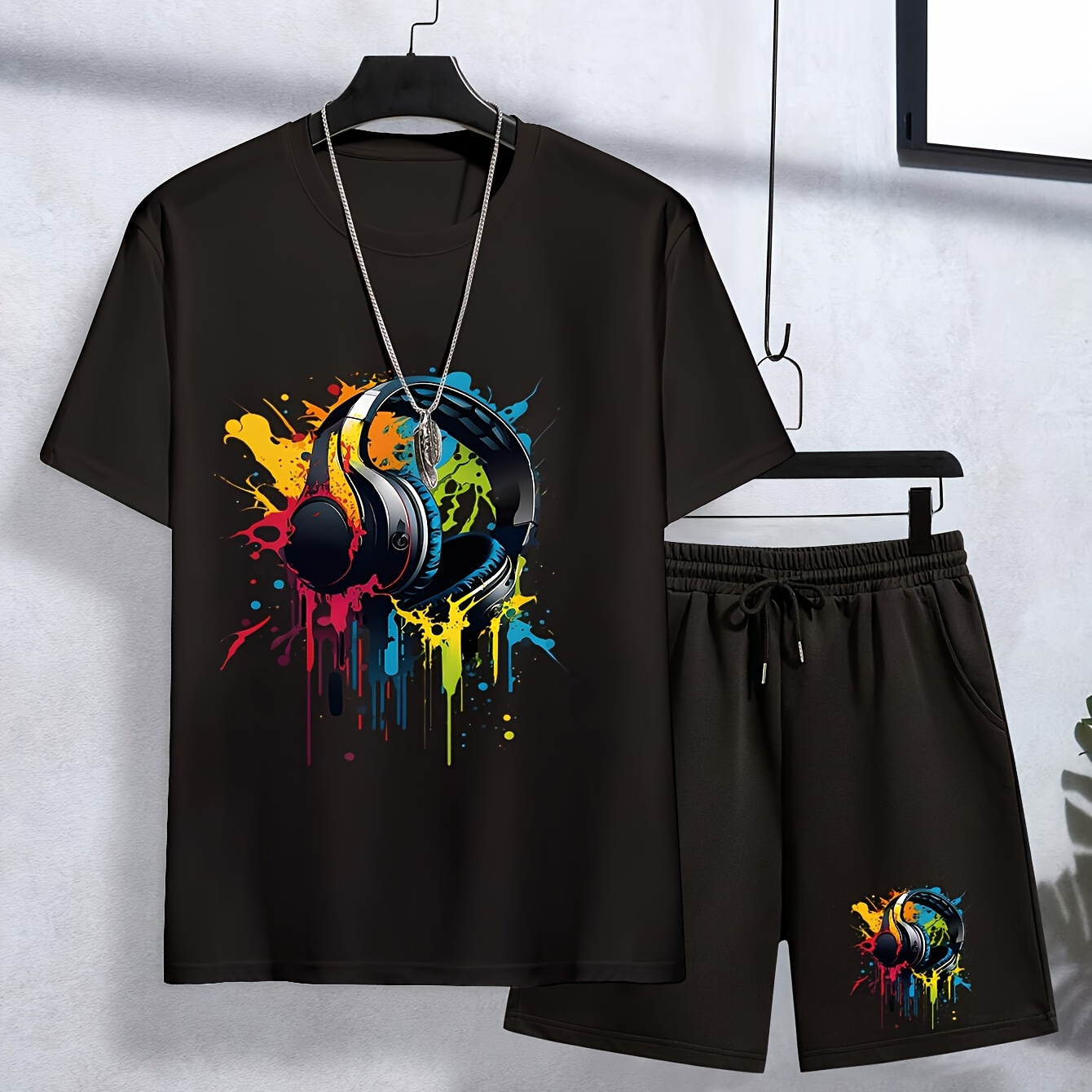 

Drip Color Gamepad Print, 2pcs Boy's Street Style Short Sleeve Outfit, Crew Neck T-shirt & Shorts Set, Trendy Summer Outfit